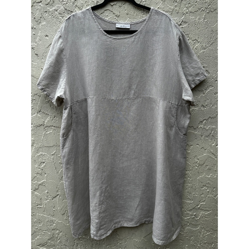 Bryn Walker Women XL Grey Linen Lagenlook Short Sleeve Tunic Dress Pockets